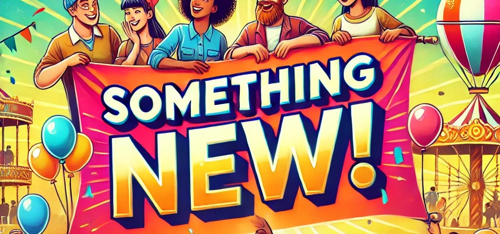 Colorful image of many people celebrating. A banner with the text “something new”.