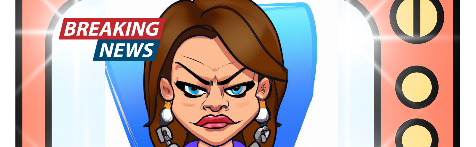 Cartoon of a pretty but scowling news anchor stares out from TV screen. She is wearing a ridiculously large cross around her neck — would be about nine inches long if this were real life.