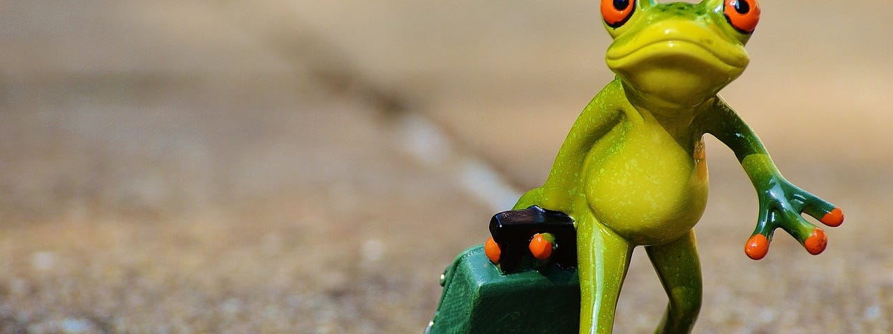 Lime green frog walking with a suitcase, ready for his next adventure!