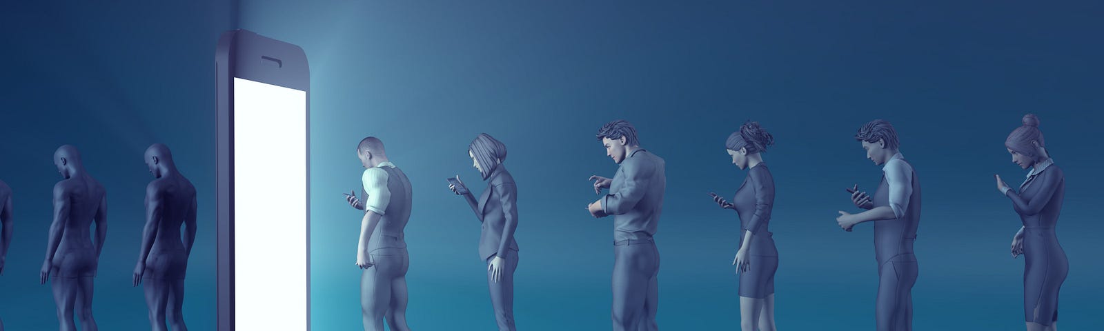 A line of virtual people, fixed on their phones, moving towards a large mobile phone, turning into robots as they pass thru.