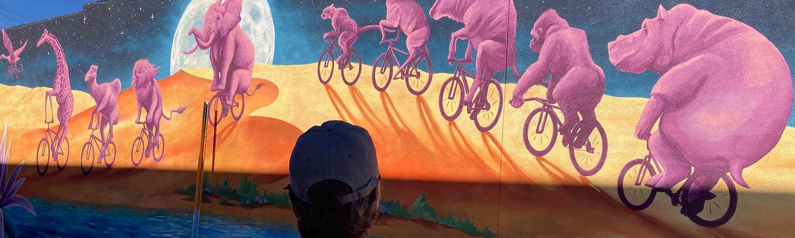 A man stands facing a colorful mural of purple animals riding bikes over sand dunes beneath a full moon and star-filled sky.