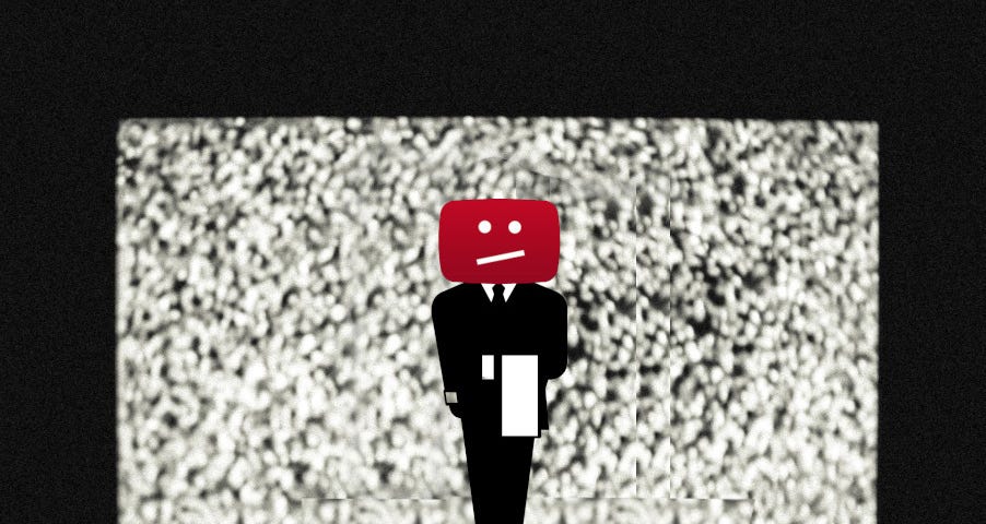 A CRT television in a darkened room, turned to static; on the screen is a drawing of a butler with a towel folded over his arm; his head has been replaced with the “sad Youtube” icon displayed for content that’s been taken offline.