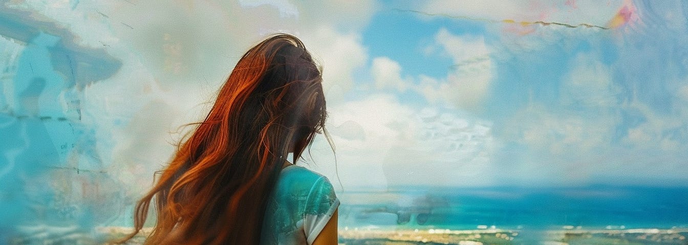 Painting of the backside from the hips up of a girl with long dark-auburn hair looking out over land and distant ocean. She is wearing jeans and a t-shirt.