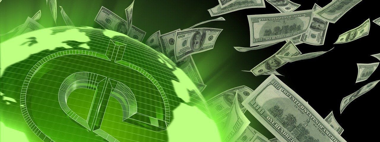 US One-hundred-dollar bills floating about a green global sphere emblazoned with a $ sign.