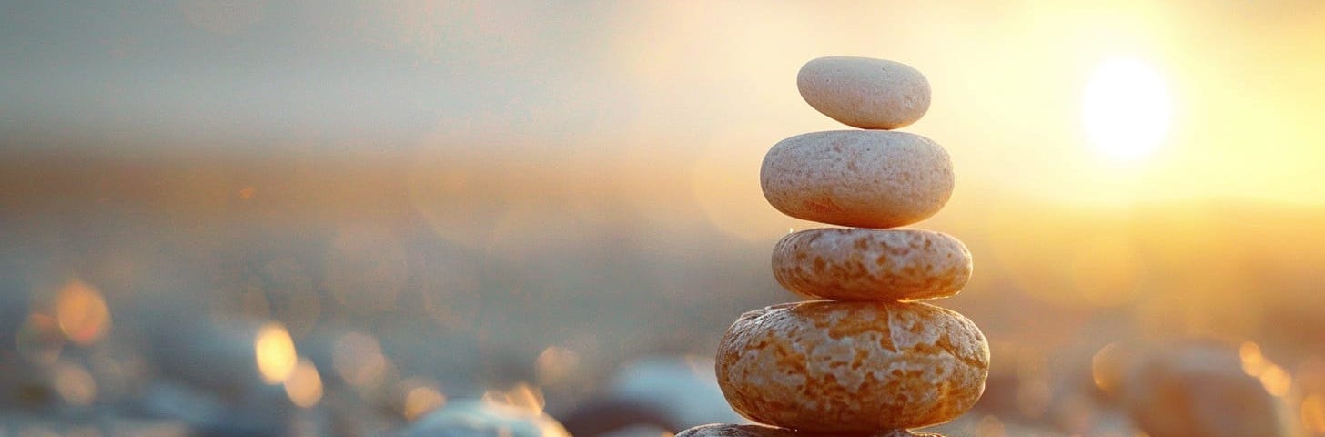 A stack of 5 differently-sized pebbles on a pebble beach in the foreground with a rising sun in the background.