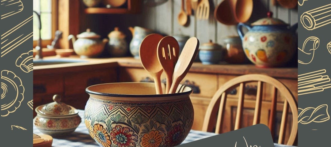 setting is a cozy country kitchen, a wooden table sits in the middle of the kitchen, the table is covered with a blue check tablecloth, atop the table is a large ceramic colorfully decorated mixing bowl, neatly laid out on the table in front of the bowl is a wooden spoon, a wooden spatula and a wooden spurtle