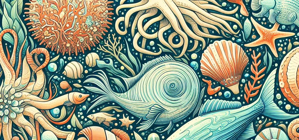This image is a vibrant and detailed illustration of various sea creatures and underwater elements, intricately intertwined. The artwork features a diverse array of marine life including an octopus, fish, coral, seashells, and starfish. The color palette is rich with blues, oranges, and greens creating a lively and dynamic visual experience.