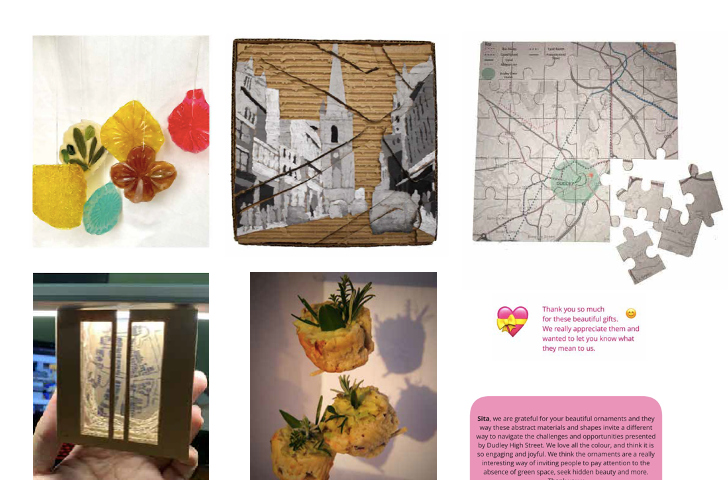 5 images of creative gifts for the high st created by students using sweets, foraged food, jigsaw maps and cardboard collages plus speech bubbles expessing gratitude for these gifts and the collaboration