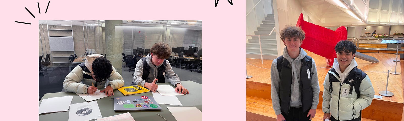 Two students busy drawing and working at a large table. The two students are also shown smiling and standing in front of a Pin made out of Legos.