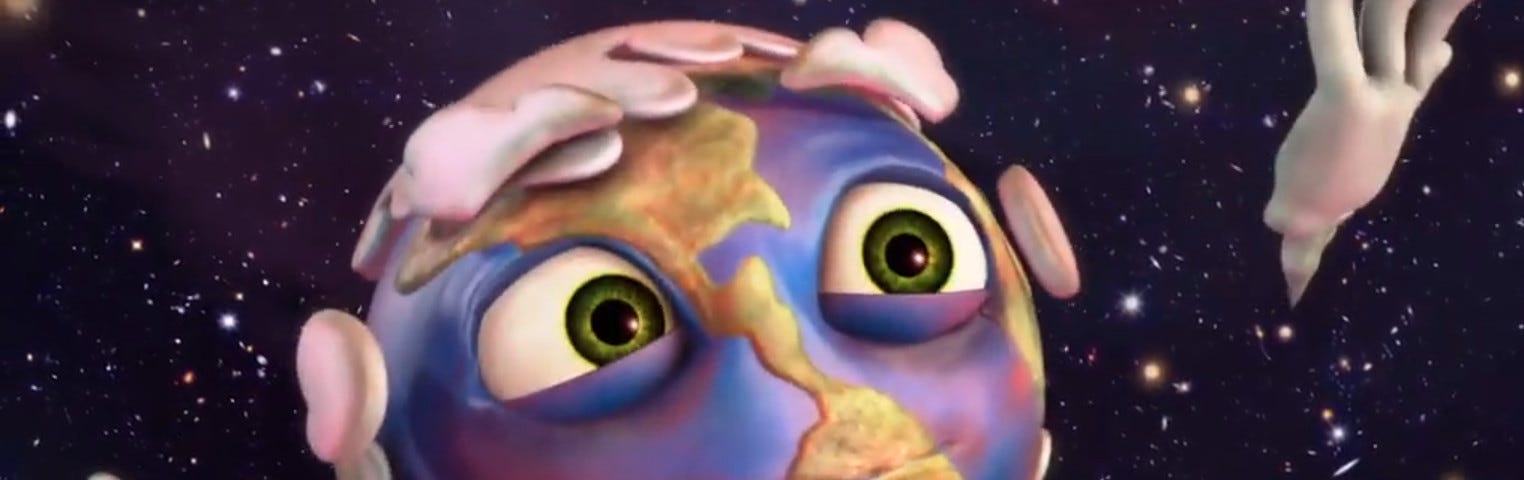 Image of a cartoon-like planet earth, with clouds as hair, in outer space.