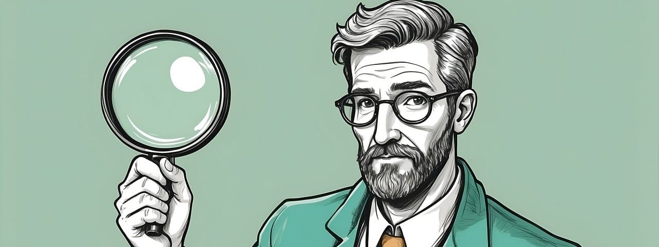 An image of a handsome bearded man wearing a suit, glasses and holding a magnifying glass