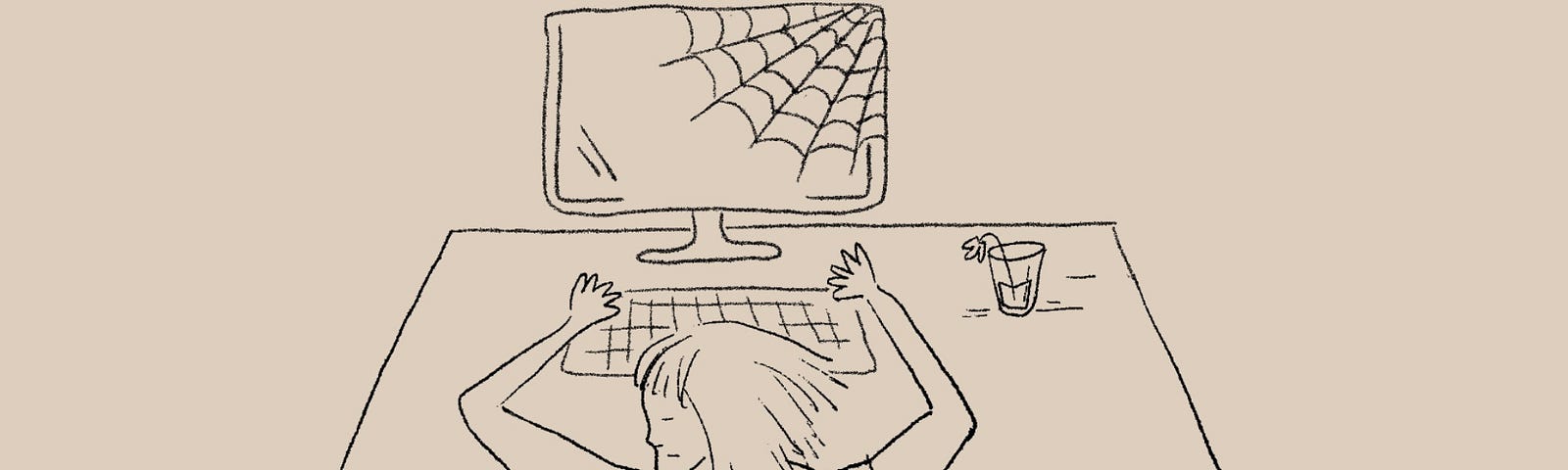 Drawing of a woman at her computer with cobwebs on it