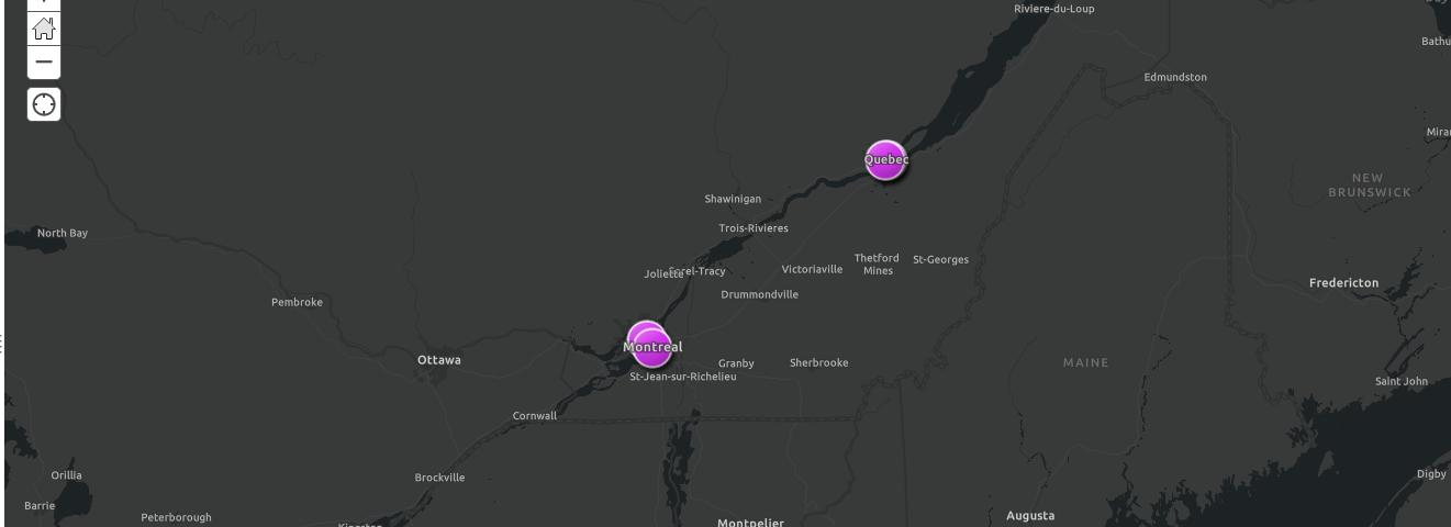 A map showing the locations of the offices of four Quebecan politicians.