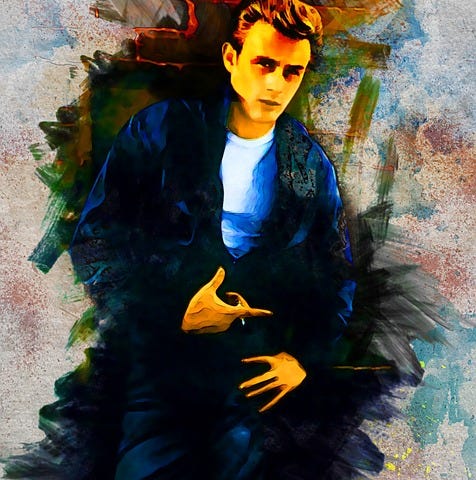 A painting of James Dean against a background of colorful paint swatches.
