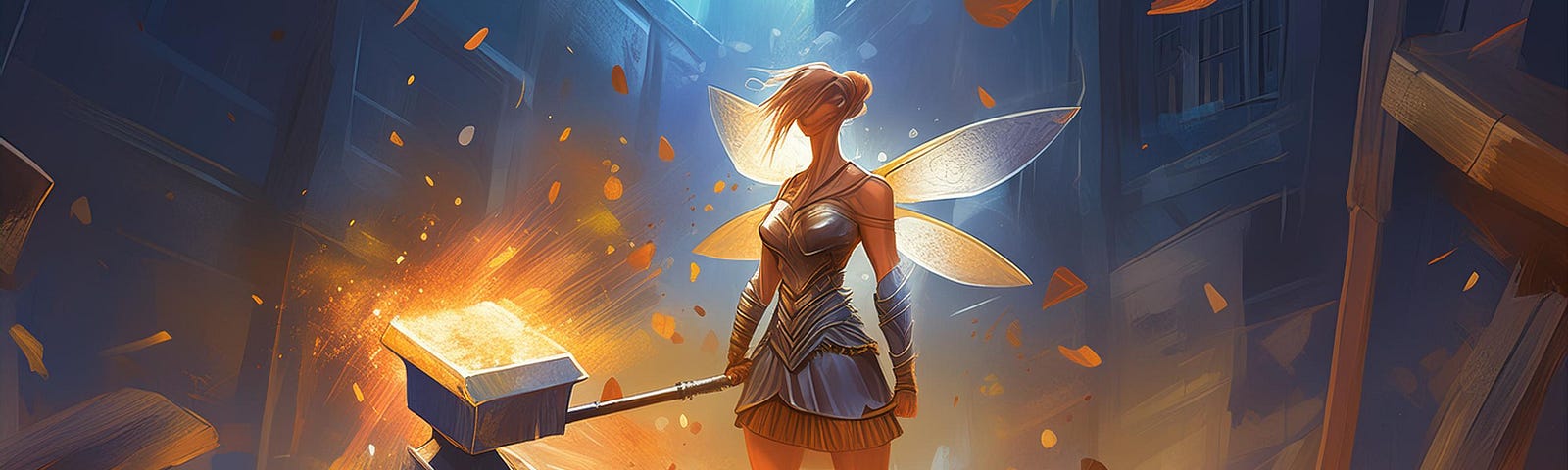 A fairy standing with a determined stance. She has an oversized hammer in her hand.