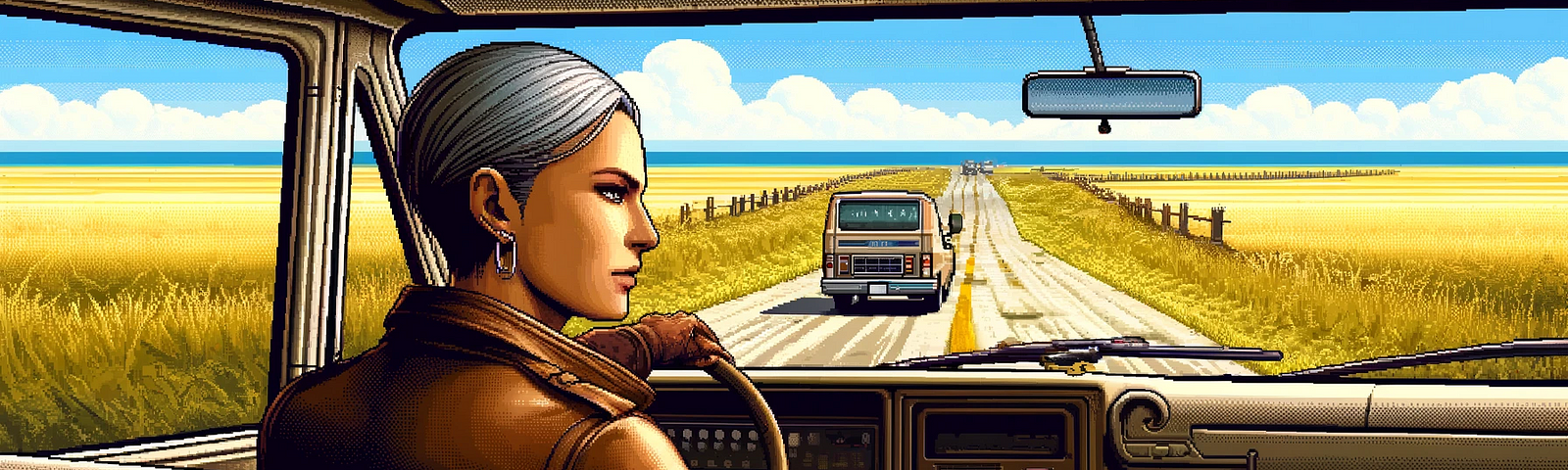 A woman driving a car in a vast field.