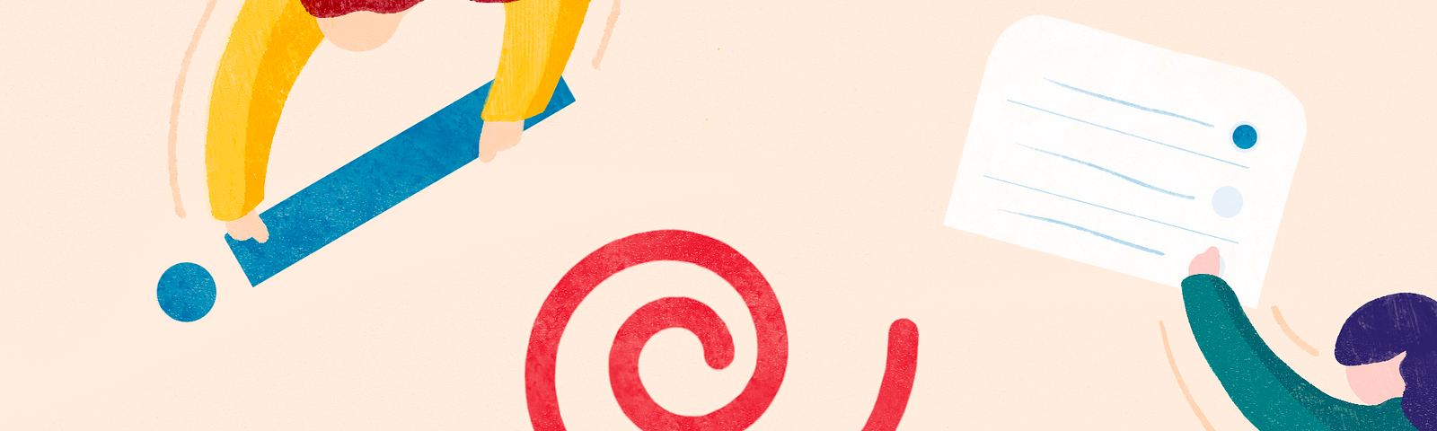 Illustration of people holding visual design elements. The middle element is a spiral form.