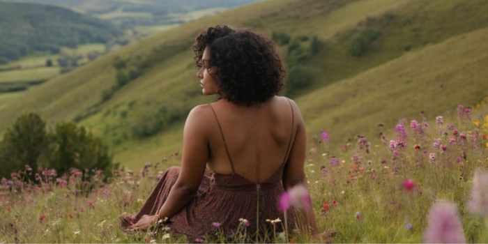 Woman looking out as she sits on a meadow hillside blooming with flowers