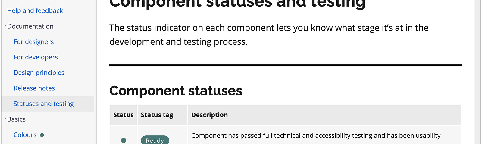 A screenshot of the Ontario Design System’s component statuses and testing page.