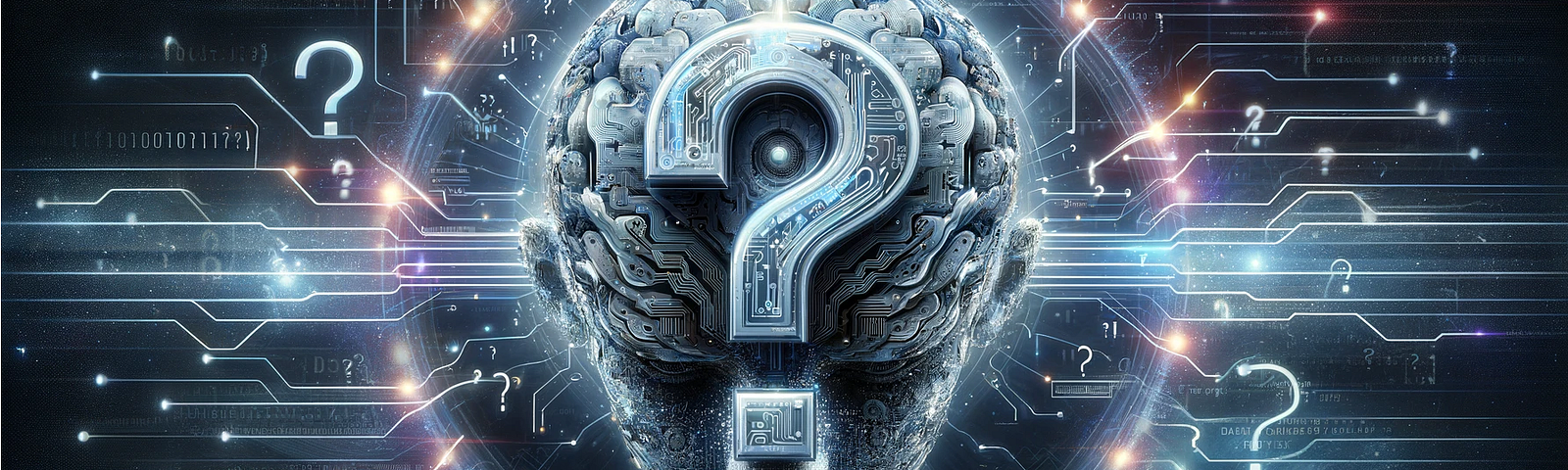 Image generated by DALL-E 3 in 2023: A cyber-techno figure shaped like a human head with a giant question mark on top, against a background of miscellaneous circuitry.