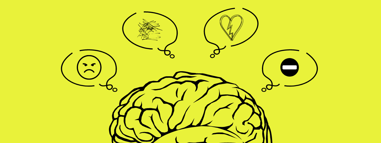 Brain with four thought bubbles that are negative thoughts. Yellow background