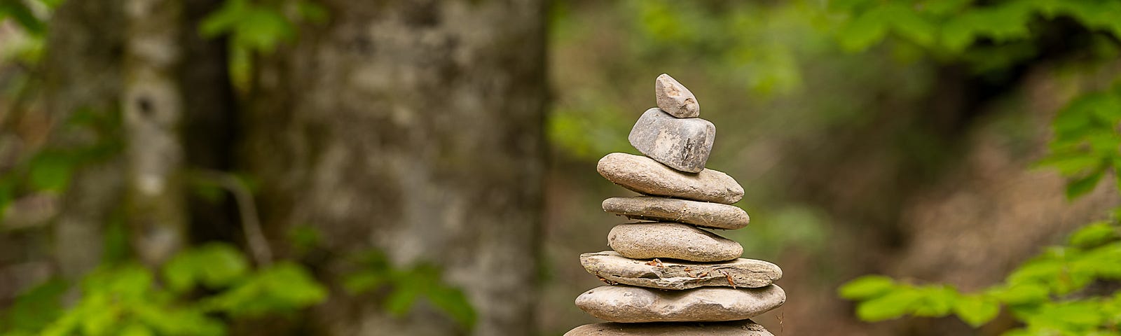 Cairn (pebbles piled on each other) in a forest, on a tree stump