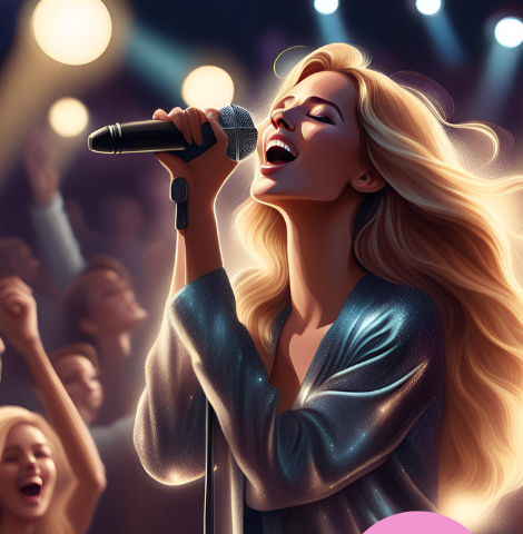 An attractive, young adult, blonde female sings to a huge crowd.