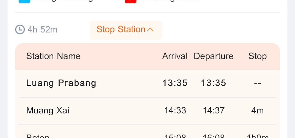 A screenshot of a railway timetable by the Laos-China railway