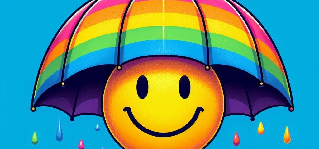 A hand holds a rainbow-colored umbrella with a smiley face on it. Colorful raindrops fall around the umbrella against a blue background.