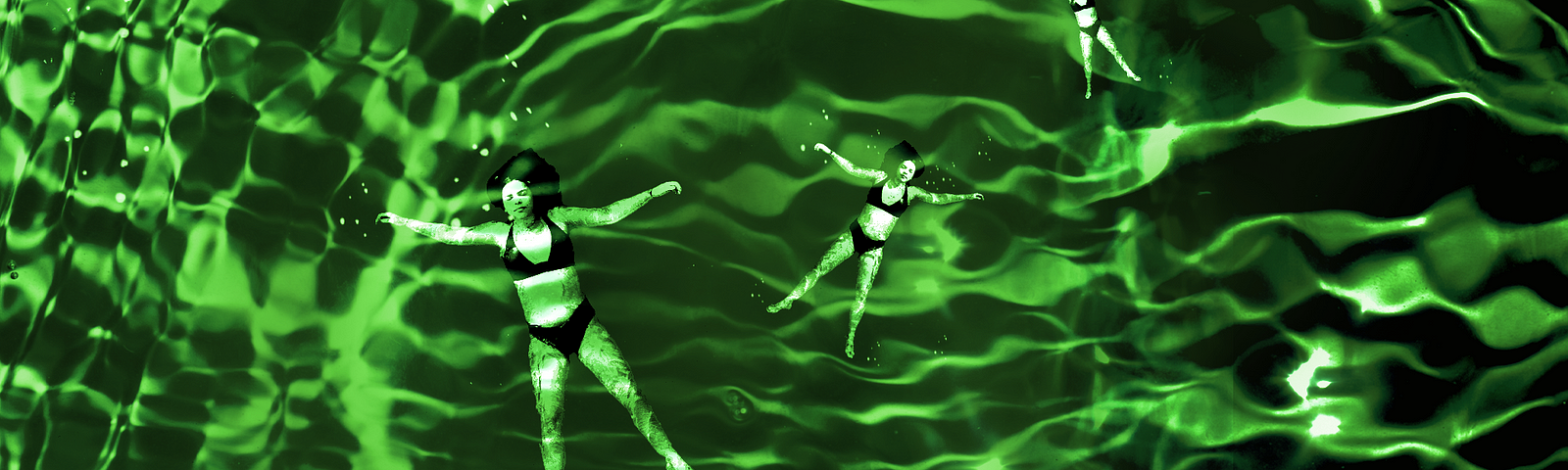 Multiple images of woman floating in a surround of green Jello.