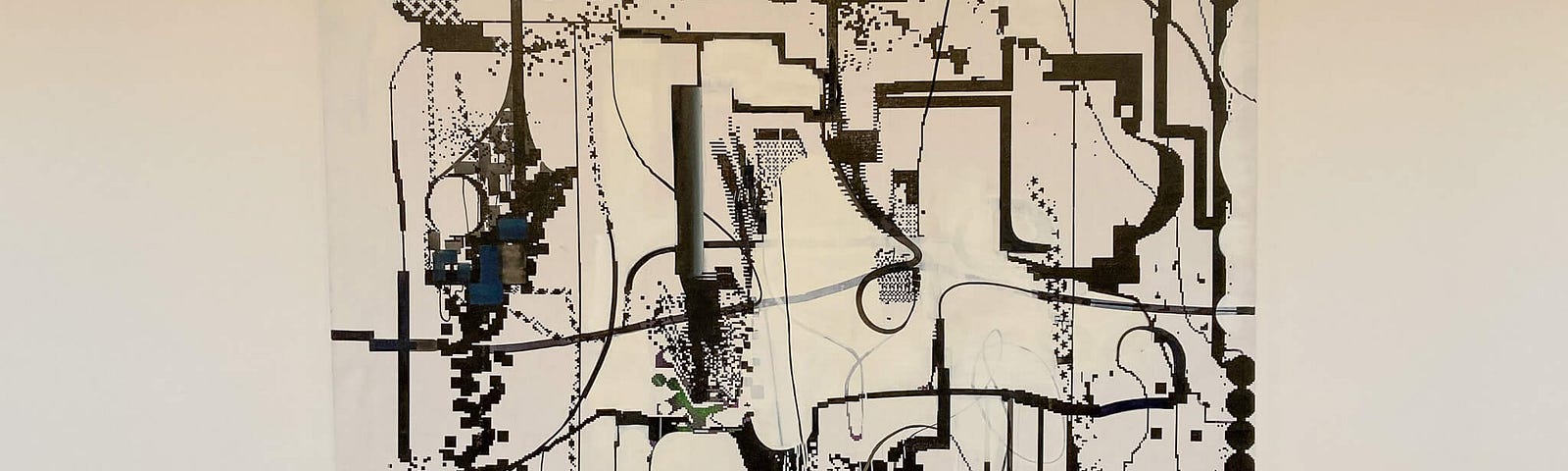 Black and white abstract painting of random lines against a white wall