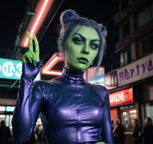 An extraterrestrial woman, 30 years, entire body has green skin, indigo green hair, large wide violet eyes curving upward, high arching blue eyebrows, blue lips, hair up in a flowing hairdo, wearing a blue-violet jumpsuiit, sardonic look, speaking to someone, gesturing in the opposite direction, on a neon lit street in a futuristic city