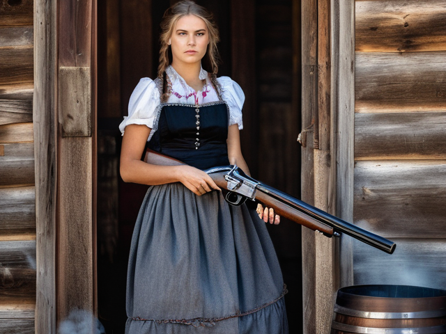 A young woman in the old west standing in a doorway with a shotgun in her hands.