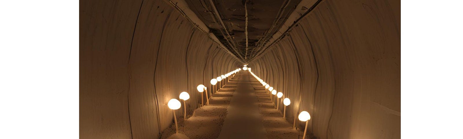 An abandoned underground subway tunnel, lined with small lights every 50 feet, stretching into the distance.