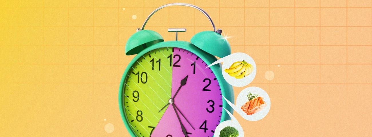 A graphic featuring a clock with foods on the side.