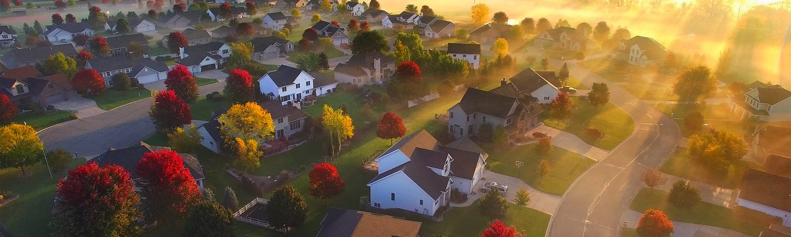 A magical sunrise over a sleepy, foggy neighborhood.