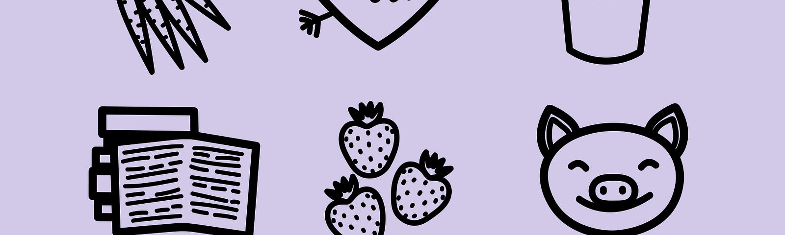 a set of vegan-related line drawings on a lavender background: a smiling pig, strawberries, carrots, books, oat milk, etc