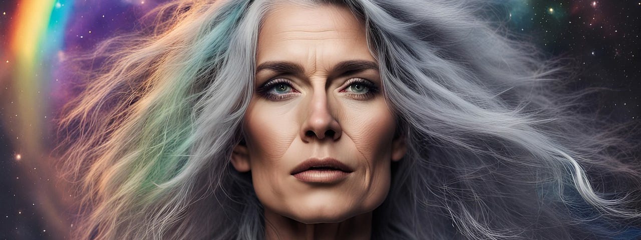 AI-generated image of a middle-aged white woman with long, wind-blown gray hair, tan skin, high cheekbones and wrinkles on her face and neck. There’s a galaxy and rainbow behind her.