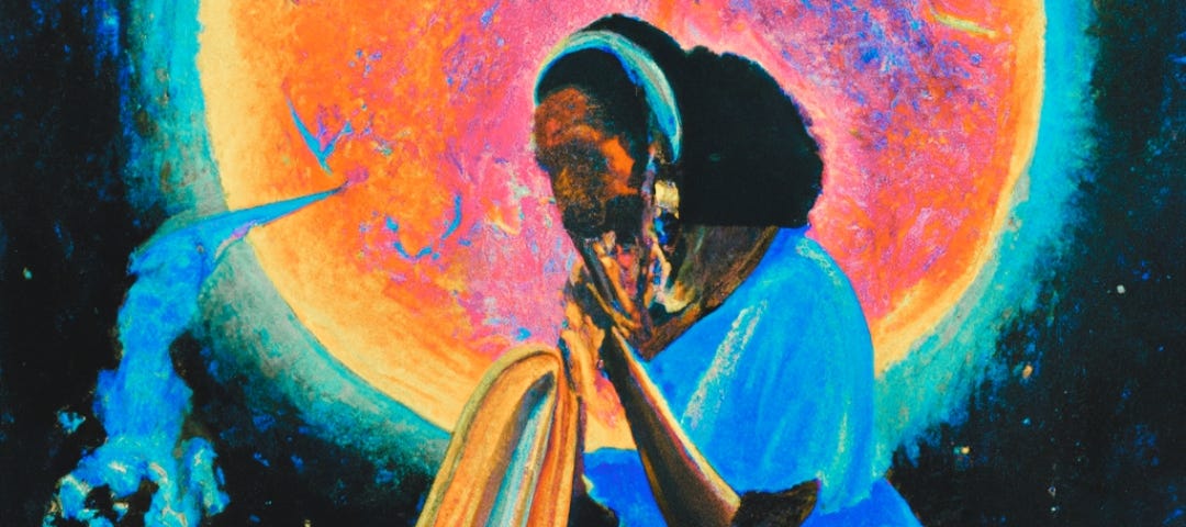 AI assisted drawing of Alice Coltrane playing music under the moon