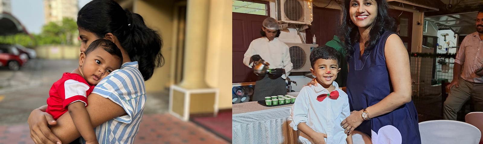 On the left is a woman holding a six-month-old baby. On the right is the same woman with her son, now 3 years old.