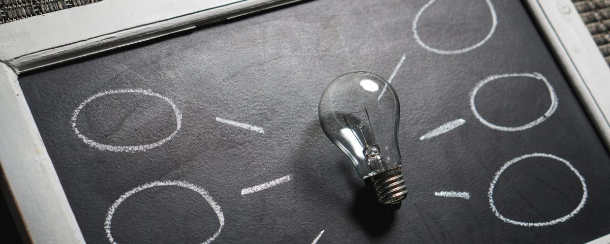 a light bulb on the center of a chalk board with thought bubbles around it