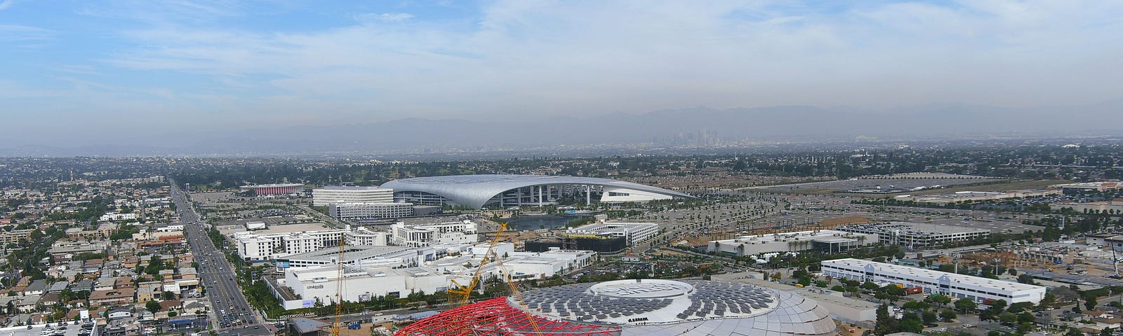 Aerial view of the Intuit Dome construction site with SoFi Stadium in the background in Inglewood, California, October 13, 2023. Photo by Image of Sport/Reuters
