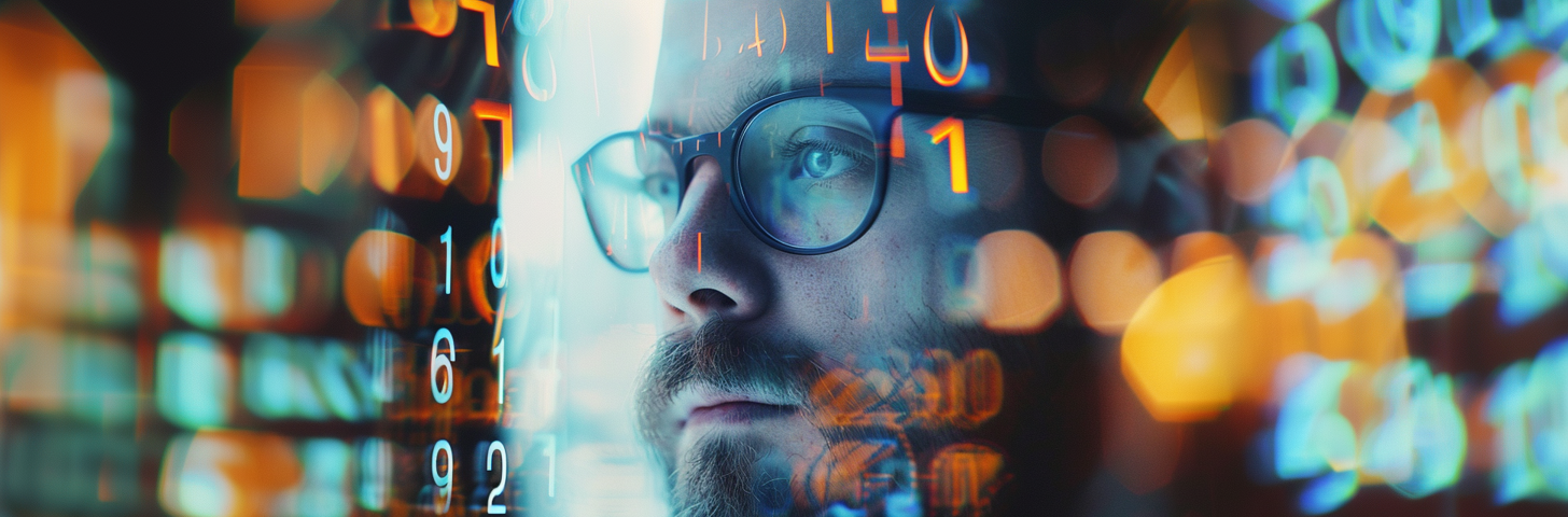 Do Randomly Picked Portfolios Consistently Outperform the Index? Double exposure photo of a young investor with beard and glasses who is thinking, and full of numbers, sharp color contrast. Ai image created on midjourney by henrique centieiro and bee lee.