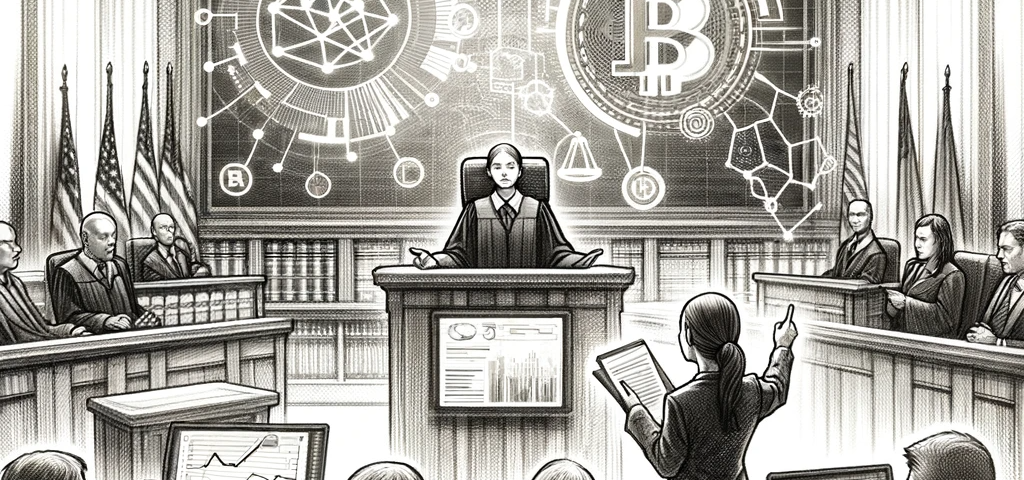 Black and white pencil sketch of a blockchain expert witness presenting to lawyers and jurors in a courtroom, with blockchain data and justice symbols.