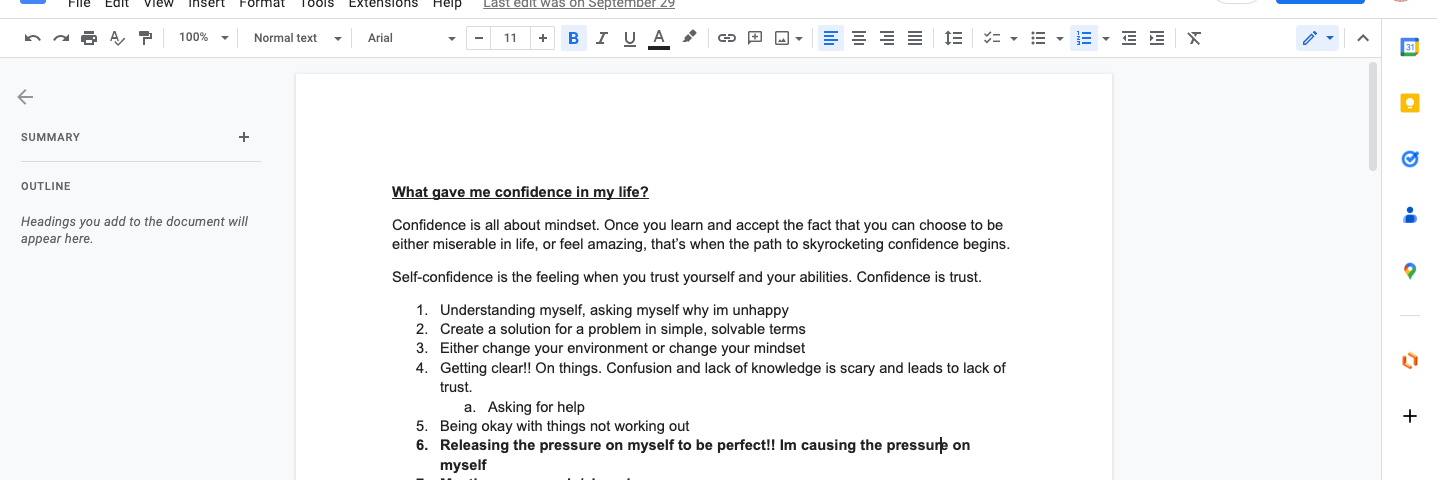 A screenshot my Google Docs titled “What has given me confidence in life”