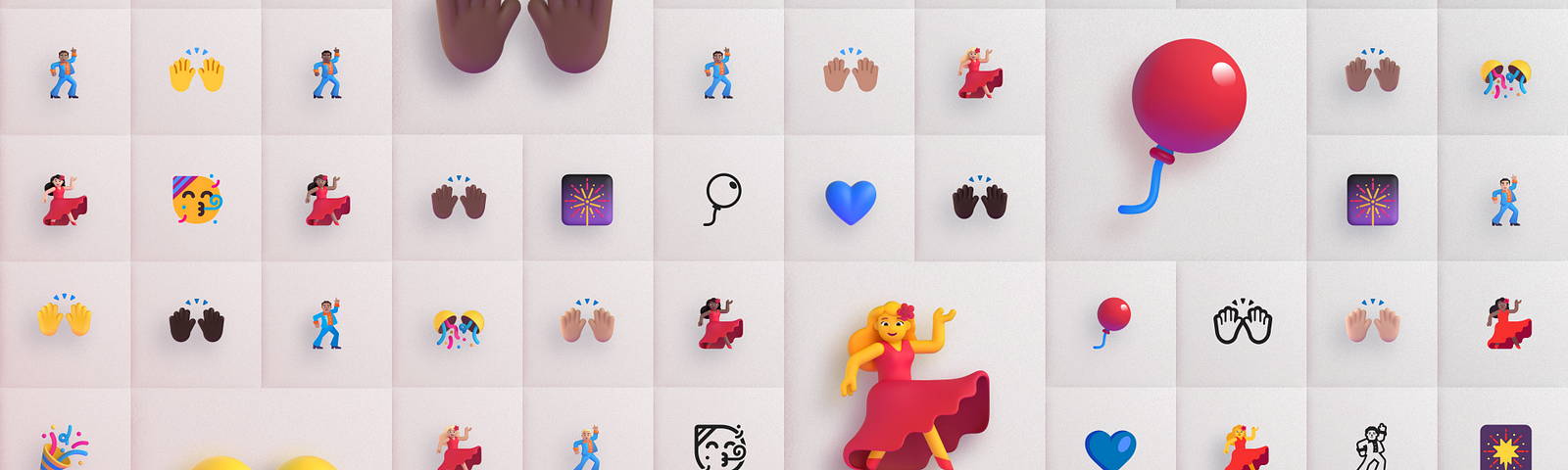 Emoji on a grid. Black hands celebrate. A woman in a red dress dances. Colorful confetti explodes while a red ballon dangles a blue string.