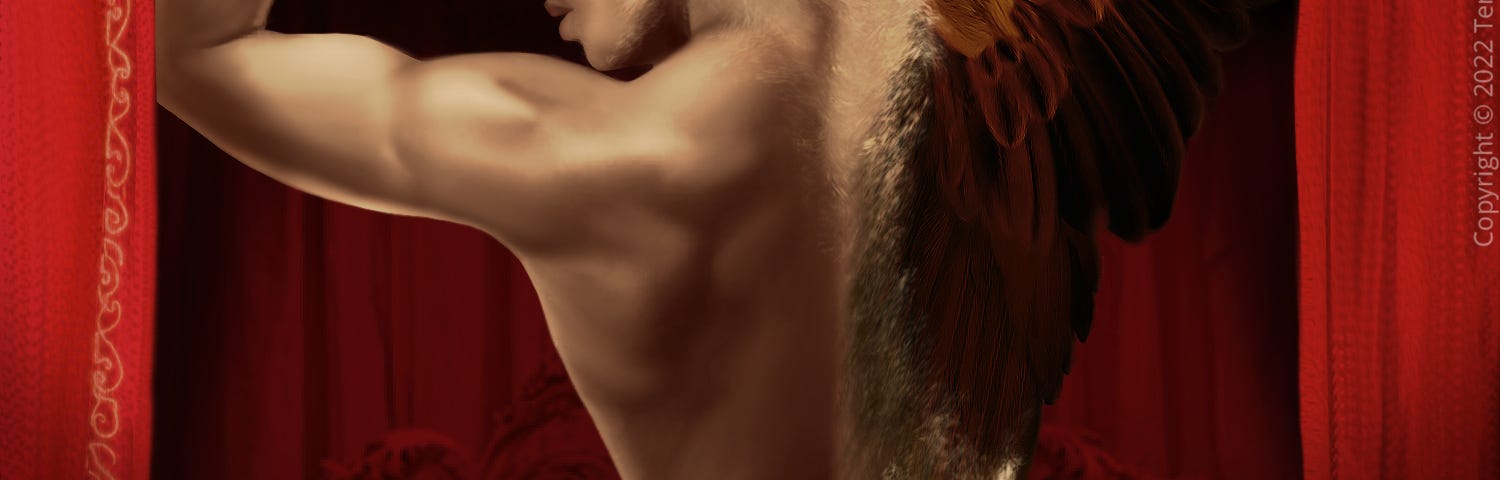 Fantasy setting in red. Back of a woman of color with one wing and another person’s hands on her hips.