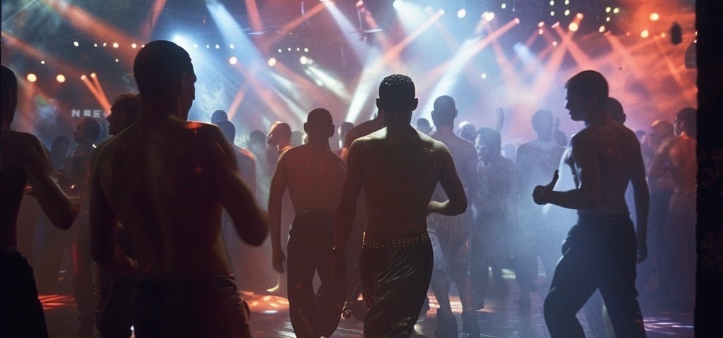 a dimly-lit dance floor with shirtless guys dancing under strobe lights