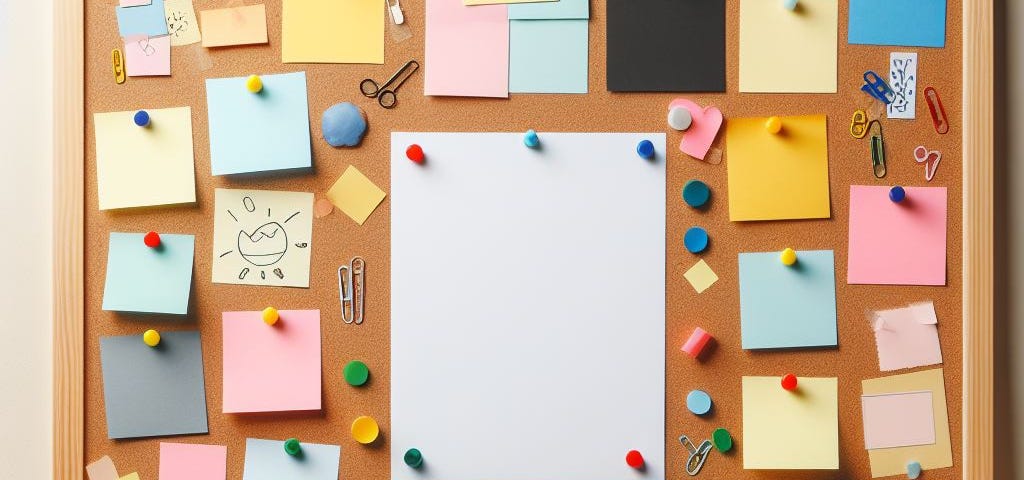A board with sticky notes and pins sitting on a table with colored pencils