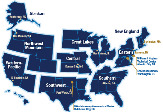 A map depicting the FAA’s nine regions.